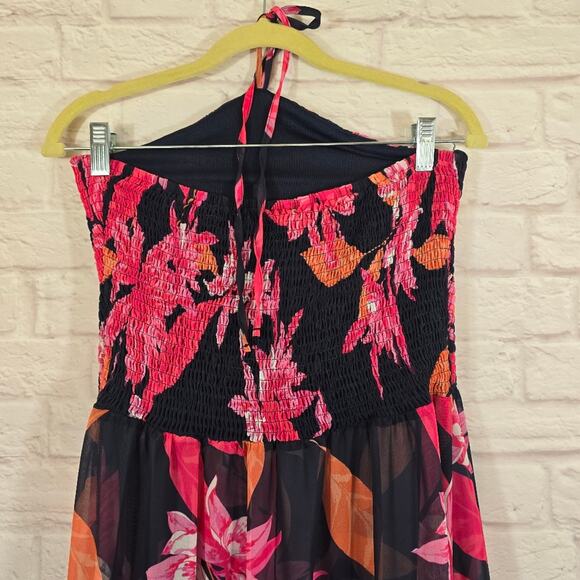 M Venus Navy Pink Floral Halter Cover Up Tunic Top Dress Size M Sheer Smocked - Picture 8 of 11